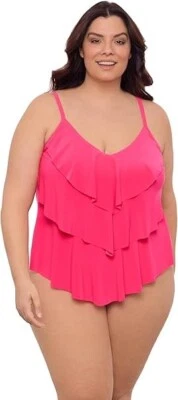 Tankini de natación verde aguamarina rosa brillante triple nivel con volantes Top 24 W Foto 1 de 4