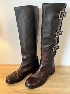 Stuart Weitzman hohe braune Lederstiefel aus beschichtetem Canvas mit Schnallen Ludlow Größe 6 36,5 - Bild 1 von 9