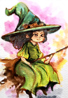 ORIGINAL ACEO  HALLOWEEN LITTLE WITCH WATERCOLOR PAINTING  