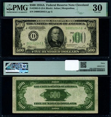 FR. Billete de la Reserva Federal 2202 D $500 1934-A Cleveland D-A bloque PMG VF30 Foto 1 de 3