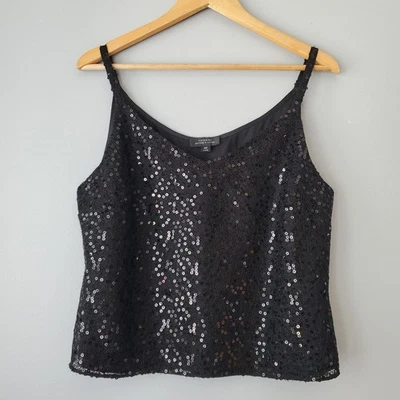 Vestido sin mangas de fiesta con cuello en V recortado de lentejuelas negro Tahari para mujer 16P Foto 1 de 4