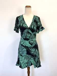 Sunny Girl Womens Wrap Dress 10 M Black Green Floral Ruffle Sleeve Boho Casual - Picture 1 of 15