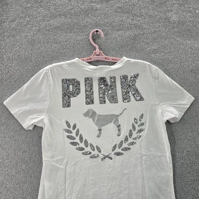 Victoria's Secret PINK Women Shirt S White Sequin Crew Neck Pullover Bling - Image 1 of 4