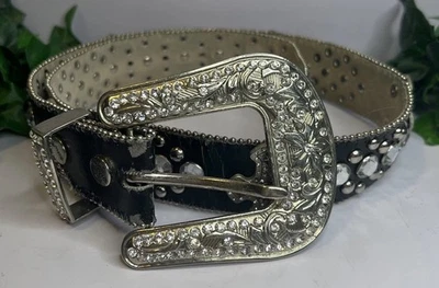 BHW Black Leather Belt Womens Medium Rhinestone Cowgirl Cross  Western 38” - Image 1 of 4
