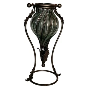 Vaso anfora soffiato a mano gabbia vetro verde metallo foglie supporto 14,5" - Foto 1 di 23