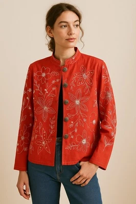Indigo Moon Mediano Rojo Bordado Floral Chaqueta Almohadillas para el Hombro India Algodón... Foto 1 de 4