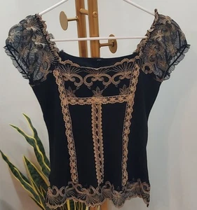 Whimsigoth Femme Fatal Frame Milkmaid Balletcore Black Lace Blouse Woman's XS - Picture 1 of 8