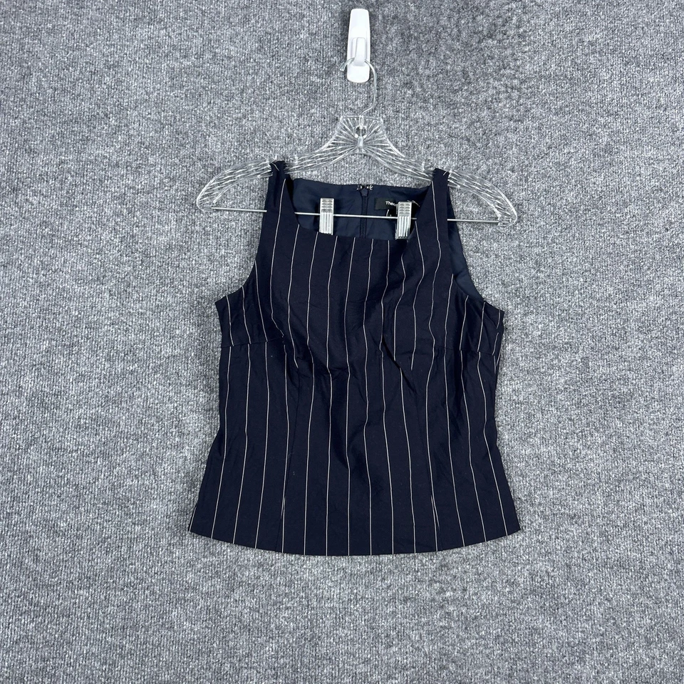 Camisa Theory Mujer Pequeña Azul Marino Rayas Cuello Cuadrado Concha Blusa Top Carrera Foto 1 de 4