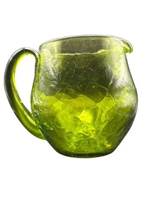 Vintage Blenko grün Crackle Glas mundgeblasen Kniebeuge Krug angewandter Griff und Ausguss - Bild 1 von 9