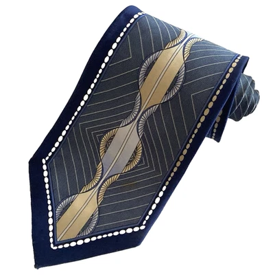 STACY ADAMS Men’s Blue Geometric Gold/Blue Waves Silk Necktie/Korea 60” - Image 1 of 4
