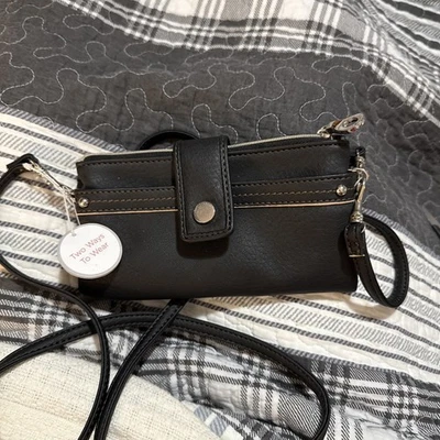 NUEVO CON ETIQUETAS RELIC Bandolera Cartera/Cartera Plegable Cuero Sintético Negro Foto 1 de 4