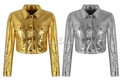 Ladies Metallic Leather Slim Fit Biker Cropped Short Body Denim Style Jacket - Image 1 of 4