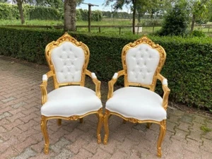 Armchairs Vintage Italian Baroque Gold Leaf White Leather Beech Wood Pair - Picture 1 of 10