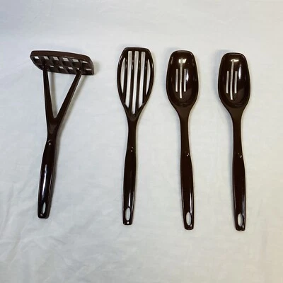 Vintage Foley Kitchen Utensils Brown Plastic Nylon Slotted Spoons, Masher - Image 1 of 2