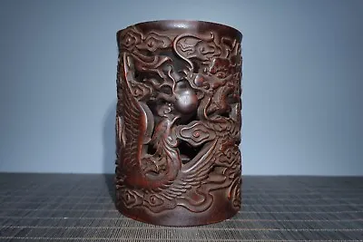 Chinese Old Bamboo Carved Dragon Phoenix Brush Pot Ethnic Cultural Collectibles • 94.99$