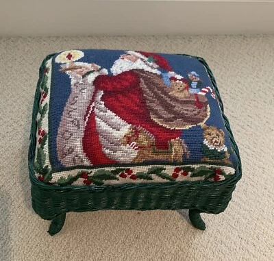 RARE Vintage Green Wicker Needlepoint Santa Christmas Footstool ottoman w Tags - Image 1 of 4