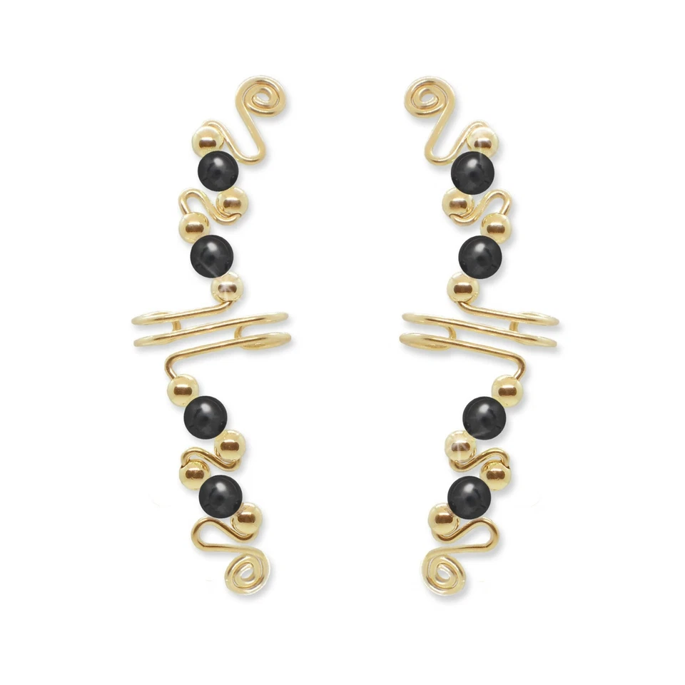 Ear Wraps Cuffs Climbers Crawlers Earrings Gold with Hematite Gemstone Beads - Image 1 of 2