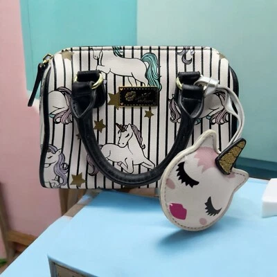 BOLSO BOLSO CLUTCH LUV Love BETSEY JOHNSON 7" UNICORNIO Estrellas Rayas Blanco y Negro Foto 1 de 4