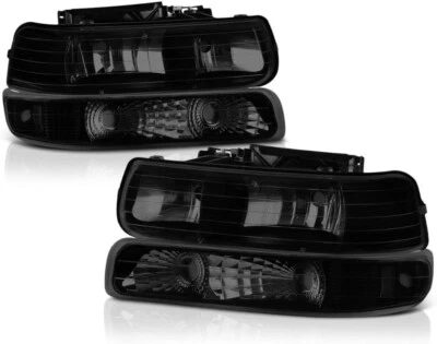 Fits 1999-2002 Chevy Silverado 00-06 Suburban Black Headlights+LED Bumper Lamps — 第 1/4 张图片