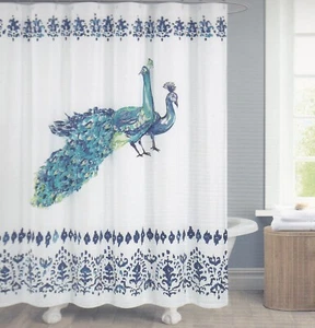 Tahari Cotton Blend Shower Curtain Peacock Panel Blues Green Purple on White - Picture 1 of 2