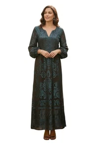 B0 NWT SOFT SURROUNDINGS Teal/Brown Burnout Velvet Dimora Maxi Dress Size L $170 - Picture 1 of 7