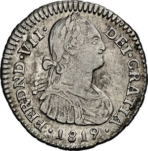 COLOMBIA, Bogotá, busto 1 real, Fernando VII (busto de Carlos IV), 1819 FJ, NGC - Imagen 1 de 5