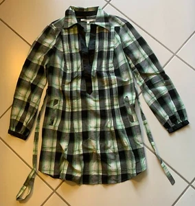 Walter Tunic Top Dress Green White Black Plaid L/S V-Neck Belt Size Medium M - Picture 1 of 7
