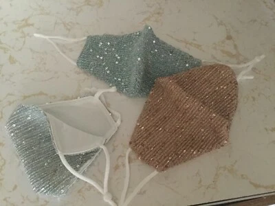 Set of 3 Adjustable Sequin Face Mask Washable Gold Silver Blue  - Image 1 of 4