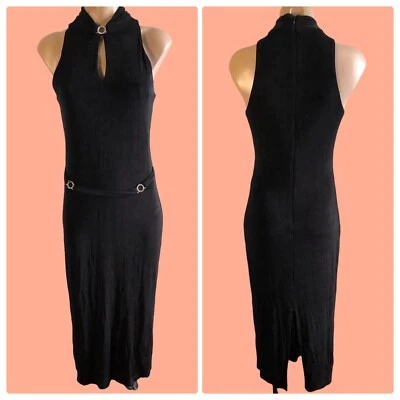 Vestido Largo Negro Slinky De Colección JOSEPH RIBKOFF Cuello Alto Cerradura Estrás Talla 6 Foto 1 de 4