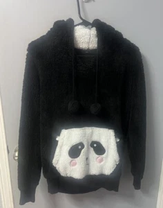 Cozy ZOE Womens Cozy Pullover Fuzzy Sweater Black w/ White Panda Hand Pocket, S. - Picture 1 of 5