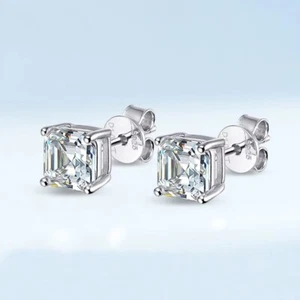 Asscher Cut Moissanite Stud Earrings 925 Sterling Silver 18K White Gold Plated - Picture 1 of 12