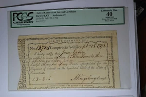 State of Connecticut Interest Certificate Feb. 23, 1792 Anderson 49 PCGS App EF - Picture 1 of 2