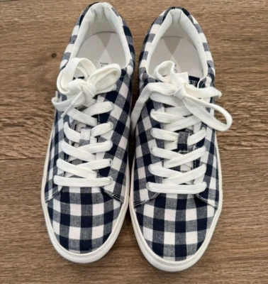 Tenis para mujer J Crew azul marino y blanco a cuadros de guinga viaje por carretera talla 8,5 Foto 1 de 4
