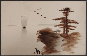 JAPANESE HAND PAINTED postcard brown artwork - Picture 1 of 1