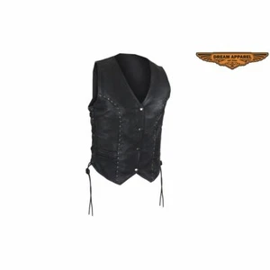 Chaleco de cuero tachonado para mujer motocicleta con botones cierre lados de encaje - M, L, XL, 2XL - Imagen 1 de 6