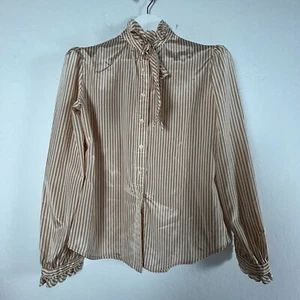 Vintage The Villager Women Beige White Striped Button-Up Tie-Neck Blouse Size 10 - Picture 1 of 6