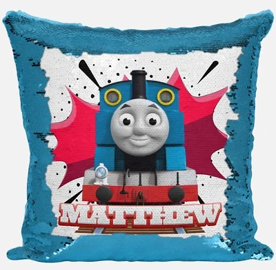 Personalised Thomas Tank Engine Any Name Magic Reveal Sequin Cushion Cover 1 - Image 1 of 4