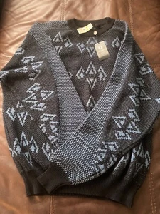 Rare NWT Vintage 1980s Ungaro Paris Cotton Blue/Black Knit Sweater. Large. - Picture 1 of 8