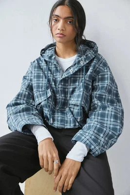 NWT Urban Outfitters BDG Casey Cropped Windbreaker Jacket Plaid Blue Small - Image 1 of 4