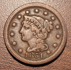 1851 Large Cent Braided Hair F-VF 19th Century Type Coin - Picture 1 of 2