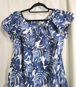 Vestido Follaje Tropical Talla Lg Volantes Fuera del Hombro Azul Playa - Imagen 1 de 7