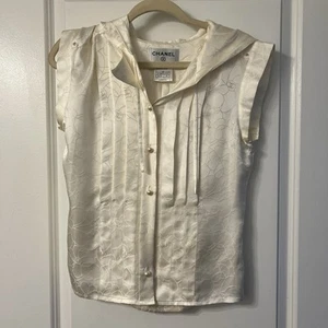 CHANEL Blouse Womens 38 Cream Silk Hooded Shirt Button Down Top - Picture 1 of 6