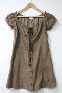 Tree of Life Mini Dress Size L Brown Textured Button Up Puff Sleeve Scoop Neck - Picture 1 of 11