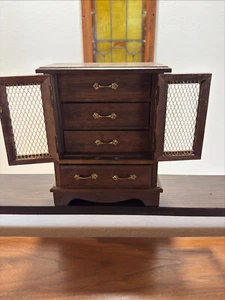 PRETTY Vintage Wood Musical Jewelry Box - Velvet Lined Drawers & Brass Mesh - Picture 1 of 20