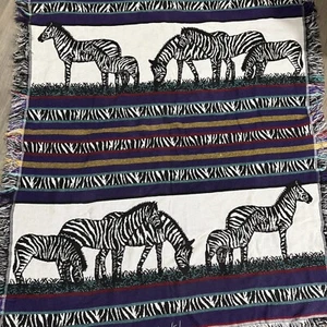 Crown Crafts 100% Cotton Zebra Tapestry Throw Blanket Fringe Reversible 58x48 - Picture 1 of 8