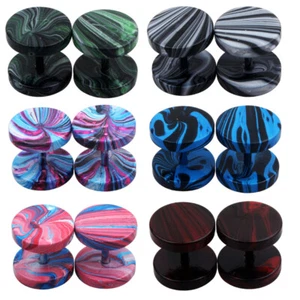 4X Surgical Steel Marbling Fake Ear Plug Flesh Tunnel Stud Earring Body Piercing - Picture 1 of 8