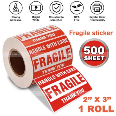 Fragile Stickers 1 Roll 500 2x3 Fragile Label Sticker Handle With Care Mailing - Image 1 of 4