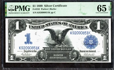 $1 1899 Silver Cert, Fr. 232 BLACK EAGLE Parker- Burke STUNNING PMG Gem 65EPQ - Image 1 of 2
