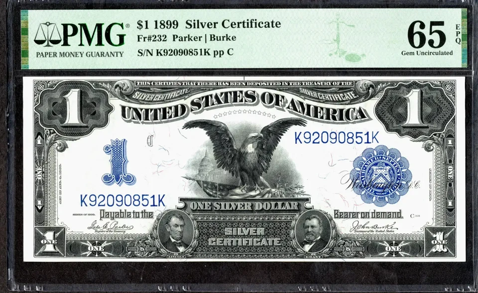 $1 1899 Silver Cert, Fr. 232 BLACK EAGLE Parker- Burke STUNNING PMG Gem 65EPQ - Image 1 of 2