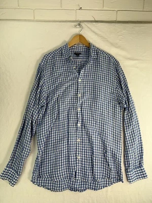J. Peterman Shirt Mens Medium Blue White Gingham Linen Button Down Long Sleeve - Image 1 of 4